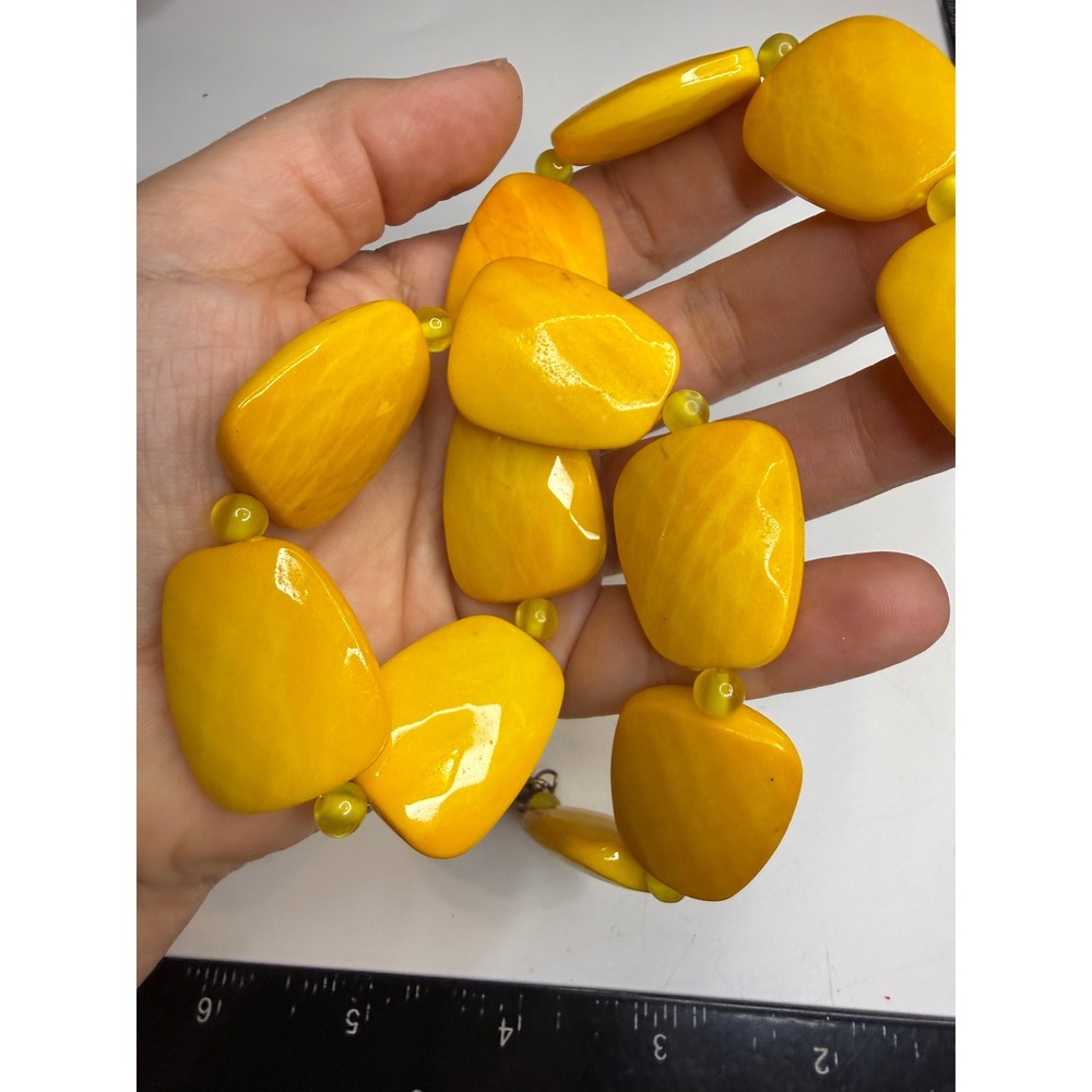 Chunky Yellow Resin Bead Statement Necklace Large Organic Rectangle Links 20.5in